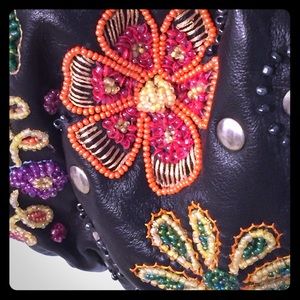 Mary Frances Beaded Black Leather Bag